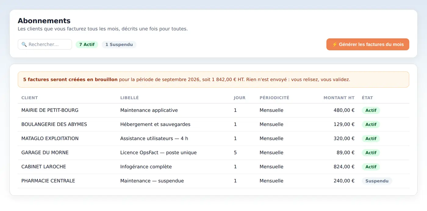 Génération des factures d'abonnement du mois